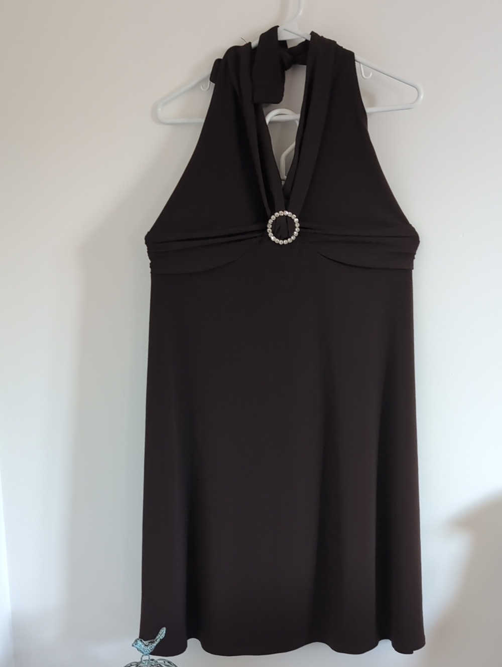 Robbie Bee Brown Halter Dress with Rhinestone Ring Accent